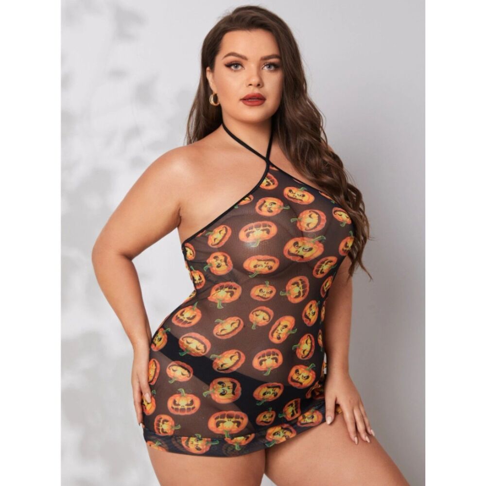 3XL Plus Size 18 Halloween Pumpkin Print Babydoll Slip With Thong